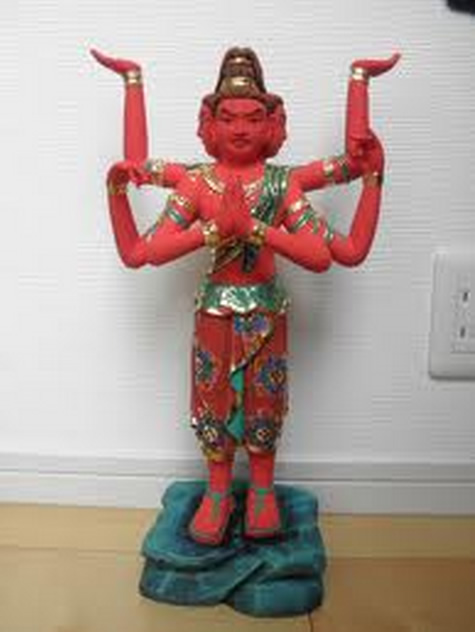 ◆阿修羅像　木彫り　仏像（極彩色）◆